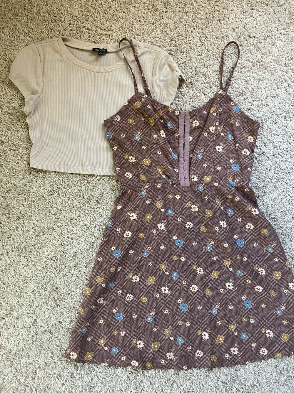 Lily Rose Brown Floral Plaid Mini Dress with Beige Top